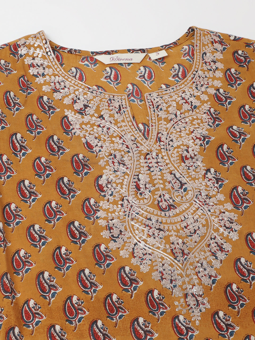 Divena Mustard Floral Printed Cotton Zari Work Kurta for Women