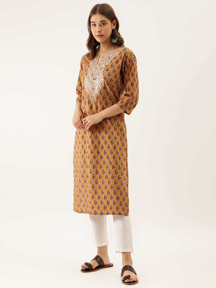 Divena Mustard Floral Printed Cotton Zari Work Kurta for Women