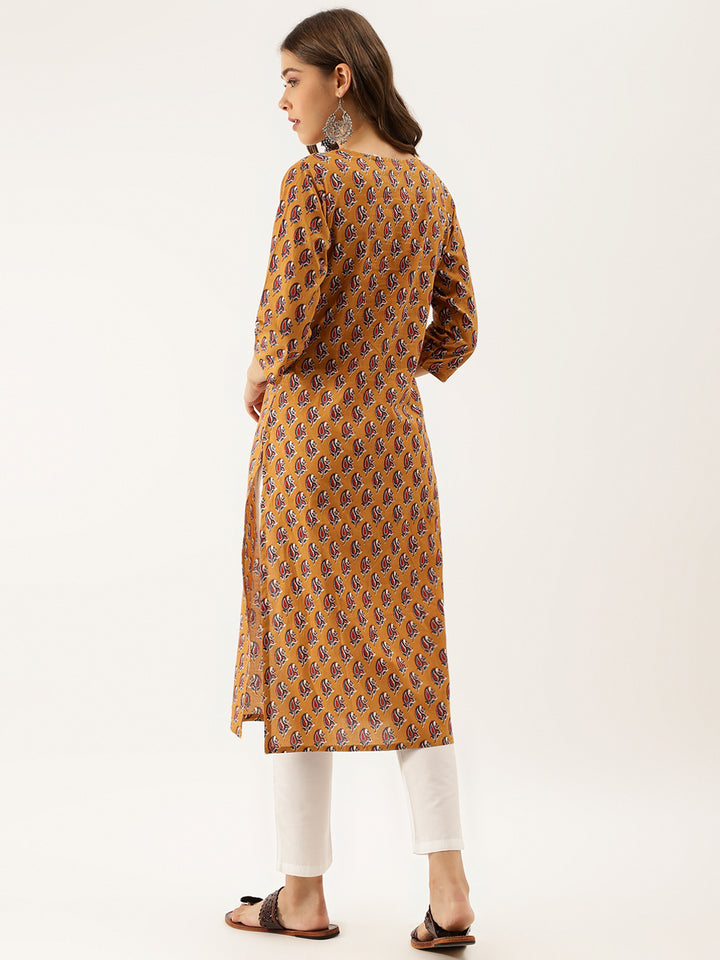 Divena Mustard Floral Printed Cotton Zari Work Kurta for Women