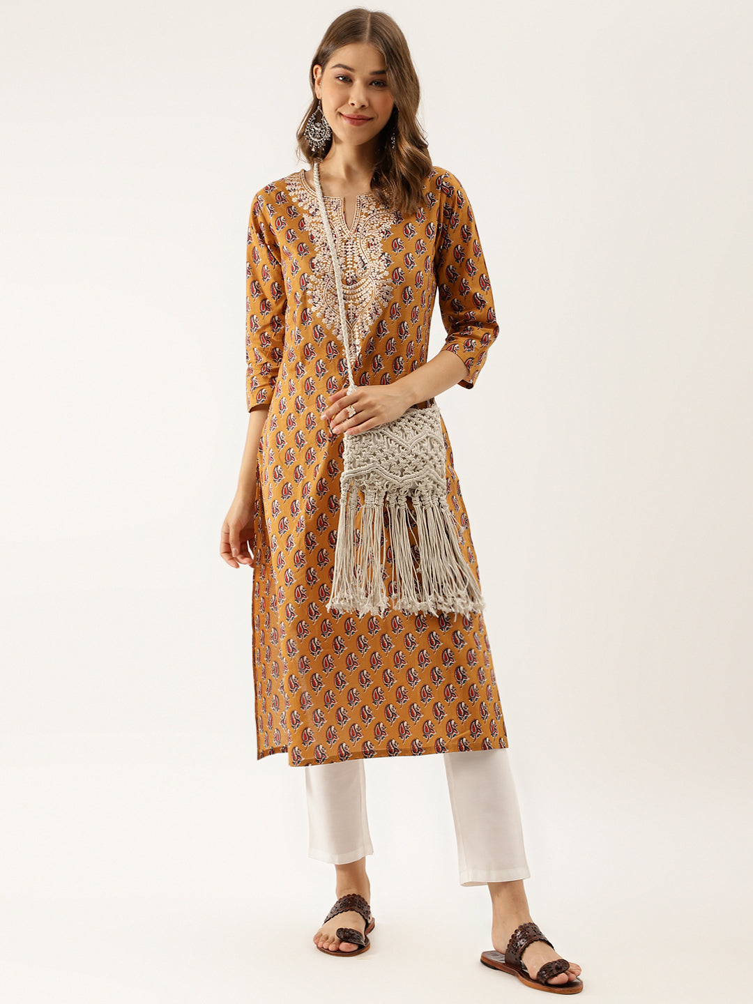 Divena Mustard Floral Printed Cotton Zari Work Kurta for Women