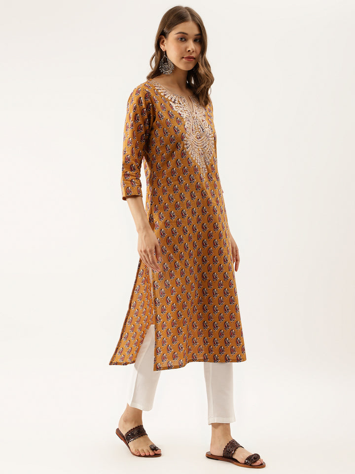Divena Mustard Floral Printed Cotton Zari Work Kurta for Women