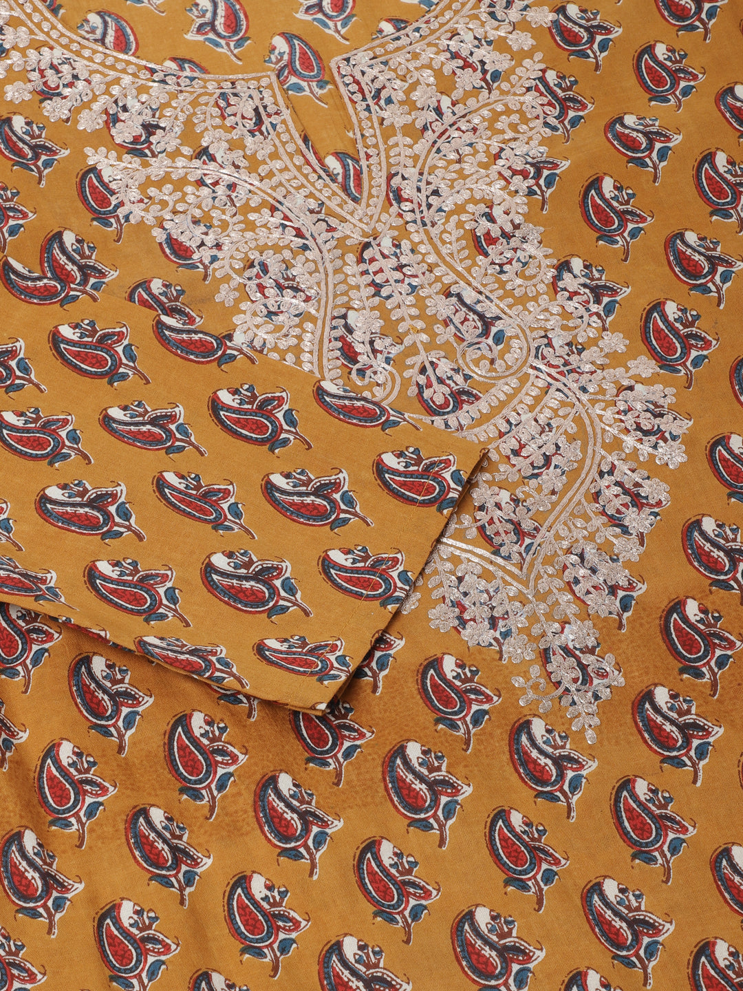 Divena Mustard Floral Printed Cotton Zari Work Kurta for Women