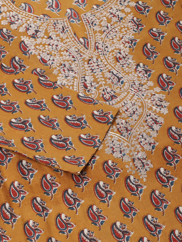 Divena Mustard Floral Printed Cotton Zari Work Kurta for Women