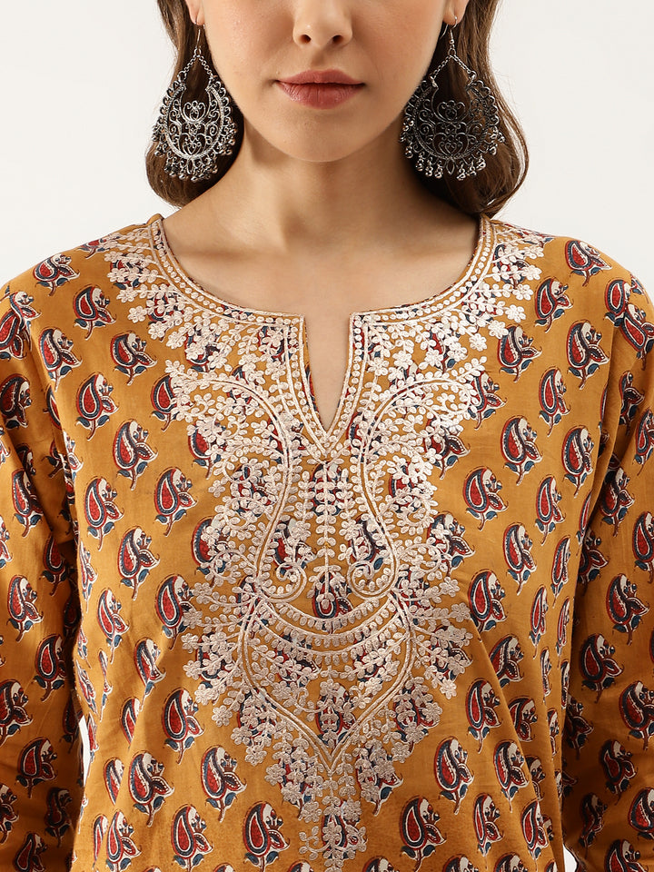 Divena Mustard Floral Printed Cotton Zari Work Kurta for Women