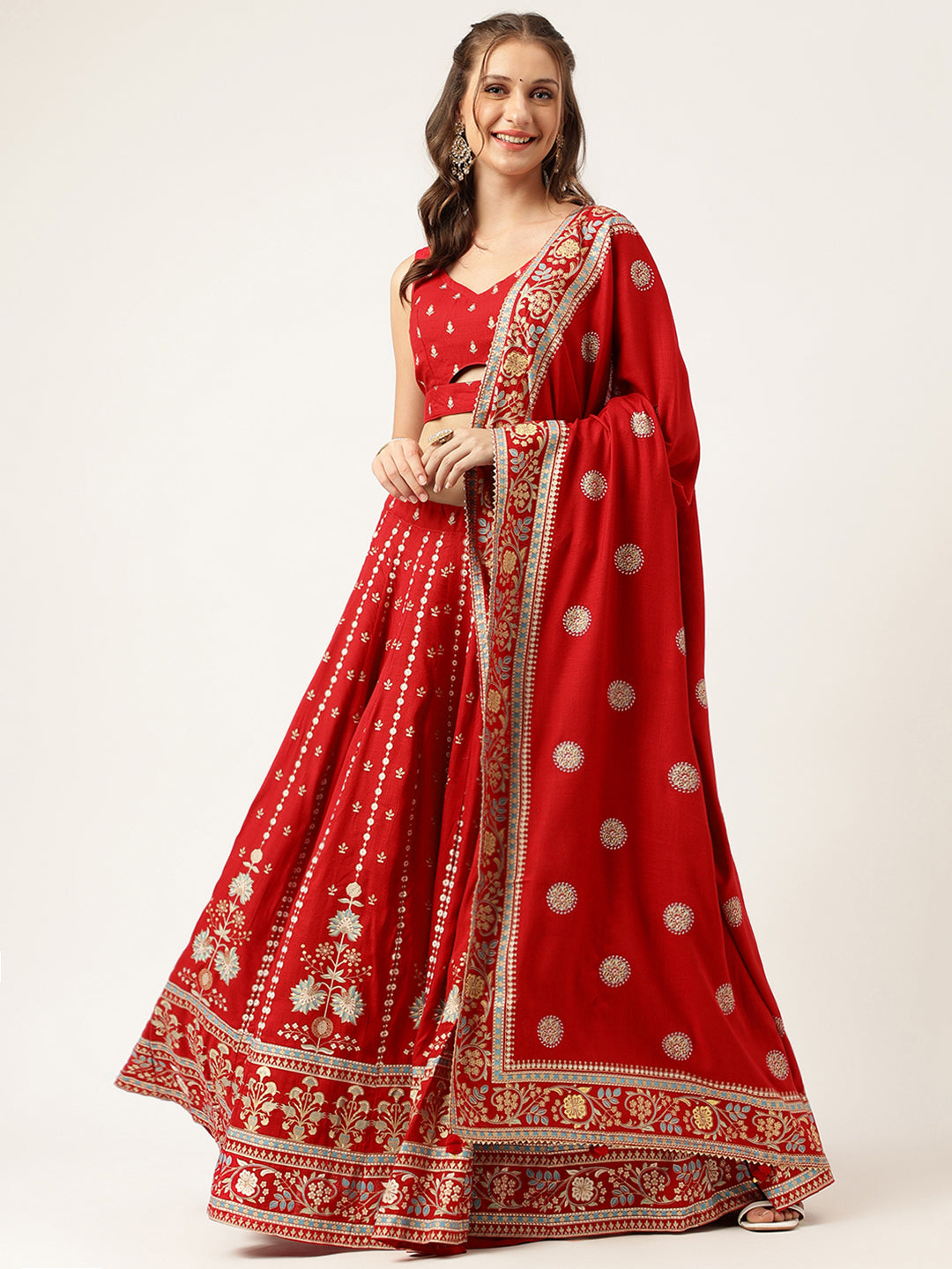 Ethnic Motifs Printed Maroon Lehenga & Blouse With Dupatta — view 1