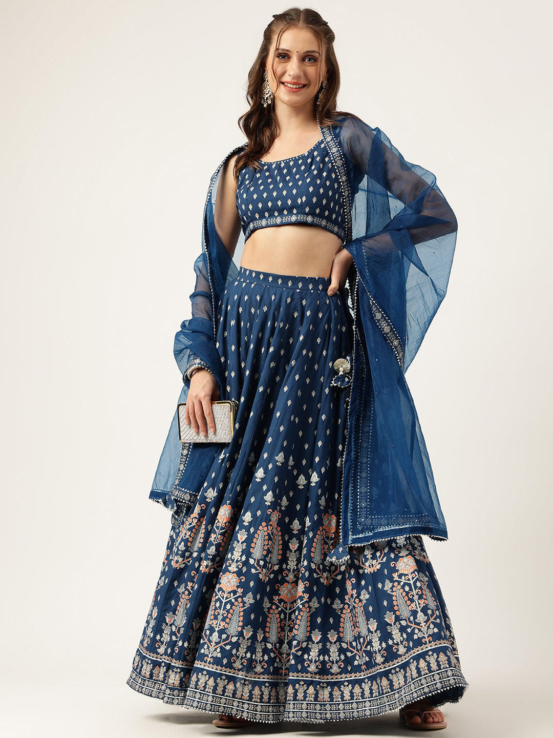 Blue Rayon Flared Lehenga Choli Set with Organza Dupatta — view 1