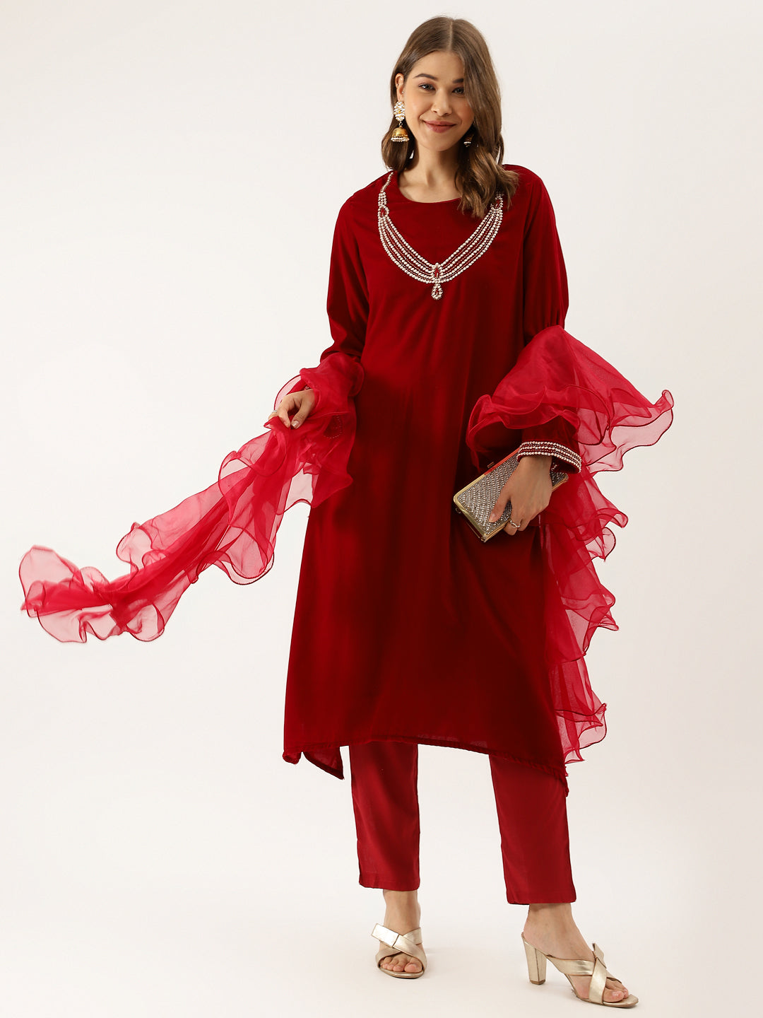 Maroon Plain Velvet Bead work Embroidered Kurta Set with Organza Dupatta — view 1