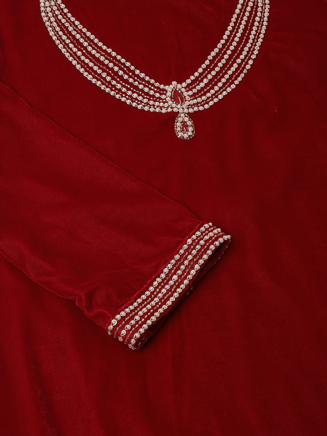 Divena Maroon Plain Velvet Bead work Embroidered Kurta Set with Organza Dupatta