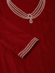 Divena Maroon Plain Velvet Bead work Embroidered Kurta Set with Organza Dupatta