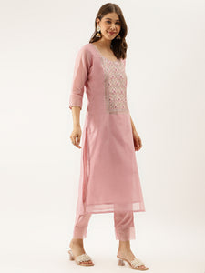 Pink Embroidered Chanderi Kurta with trouser & Organza Dupatta