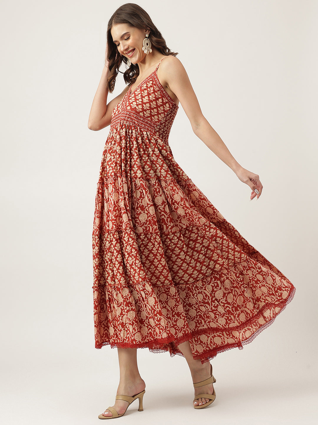 Divena Maroon Floral printed Cotton Tiered Dress with Smoking Back