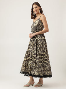 Divena Floral Printed Cotton Empire Black Dress for Women