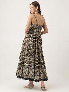 Divena Floral Printed Cotton Empire Black Dress for Women
