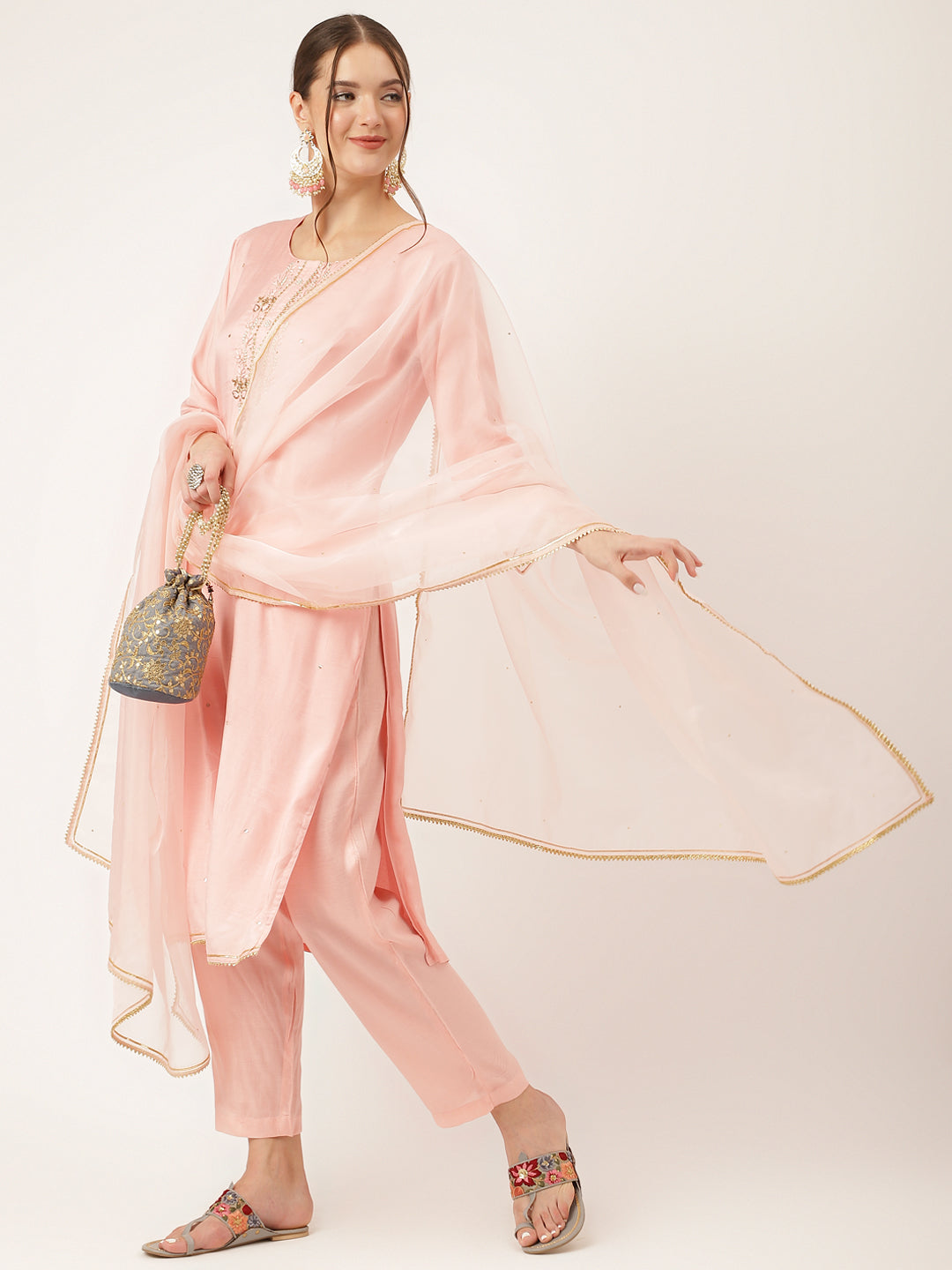 Baby Pink Embroidered Chanderi Kurta, Trouser With Dupatta — view 1