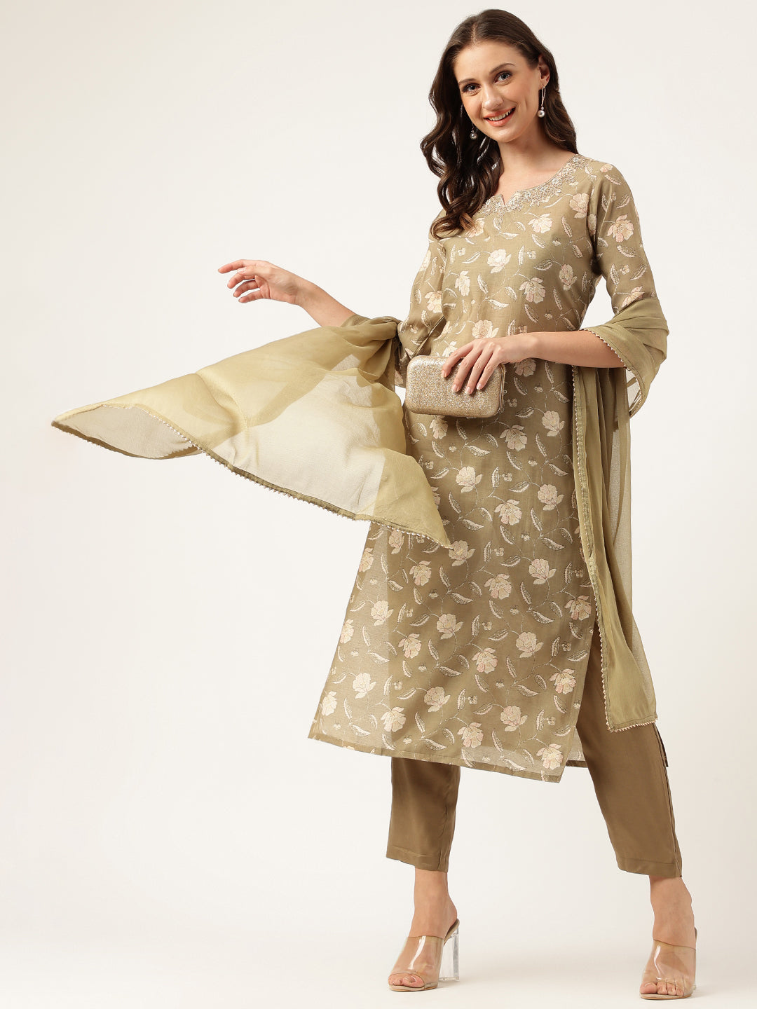 Olive Embroidered Cotton Kurta Trouser with Dupatta Set — view 1