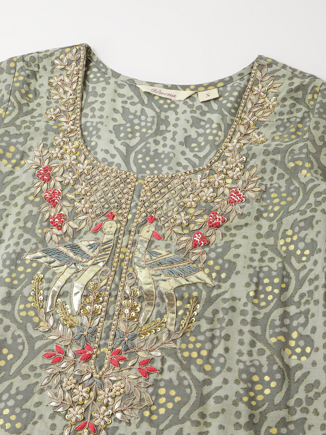 Divena Green Floral Print Chanderi Kurta, Trouser With Dupatta