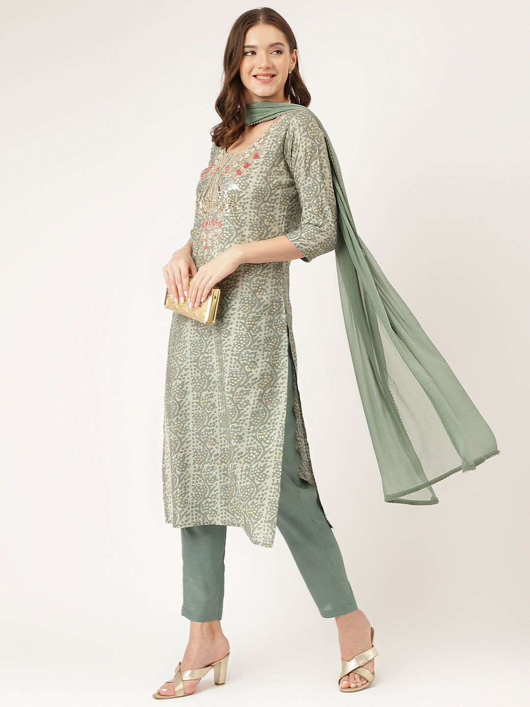 Green Floral Print Chanderi Kurta, Trouser With Dupatta — view 1