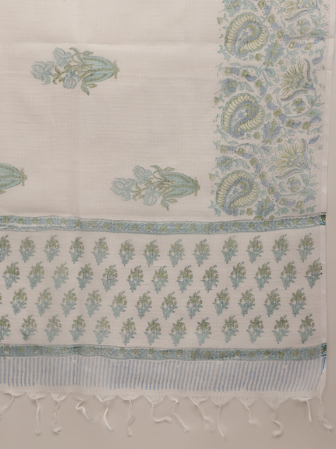 Divena White Sea blue Handblock Floral Printed Cotton Kurta Set with Kota Doria Dupatta