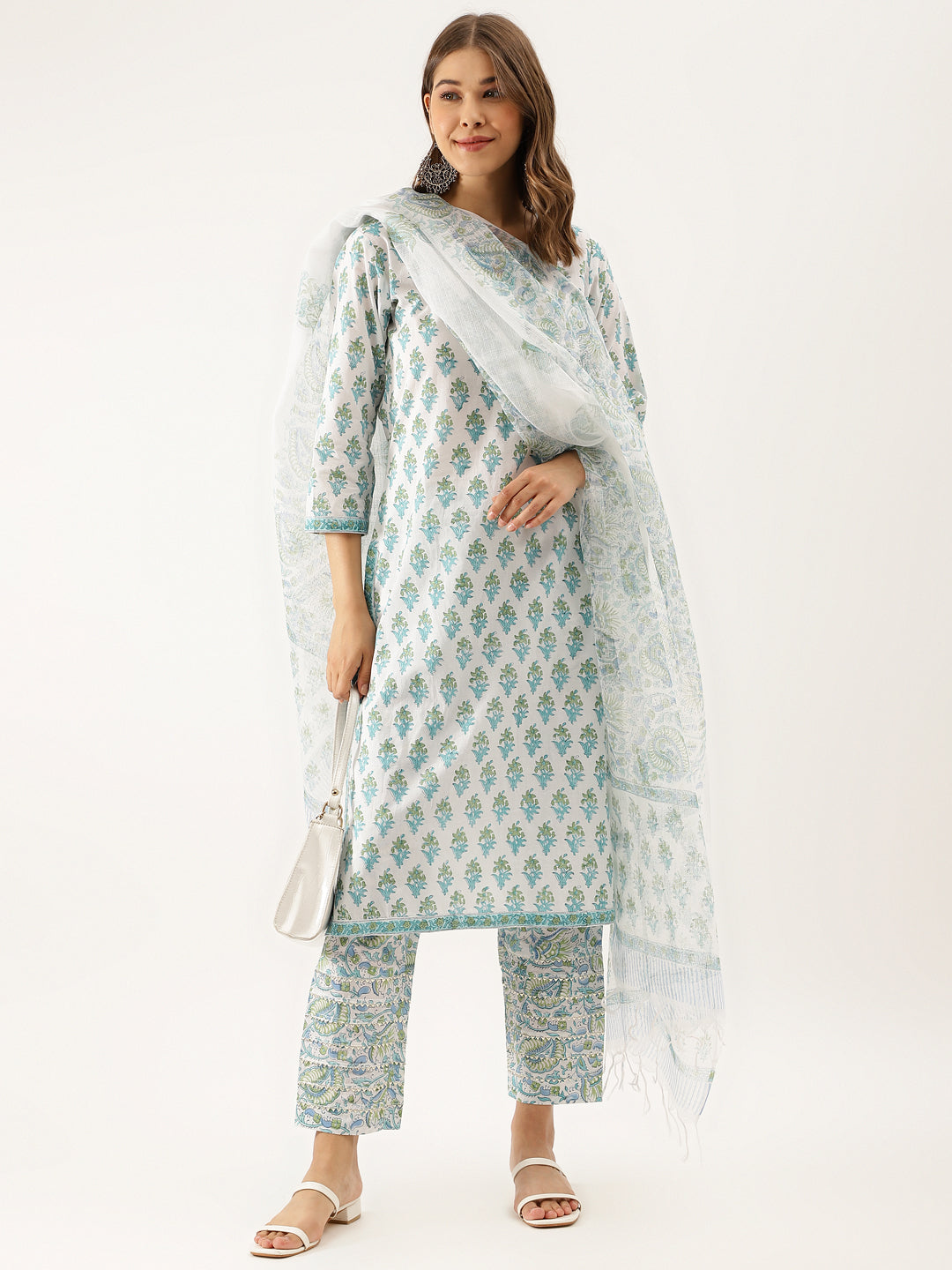 White Sea blue Handblock Floral Printed Cotton Kurta Set with Kota Doria Dupatta — view 1