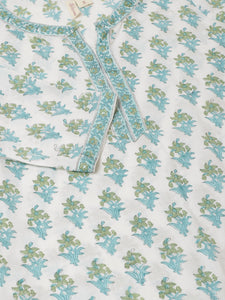 Divena White Sea blue Handblock Floral Printed Cotton Kurta Set with Kota Doria Dupatta