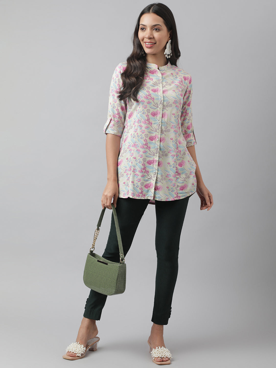 Divena Cream & Pink Floral Print Mandarin Collar Roll-Up Sleeves A-line Shirt Style Top