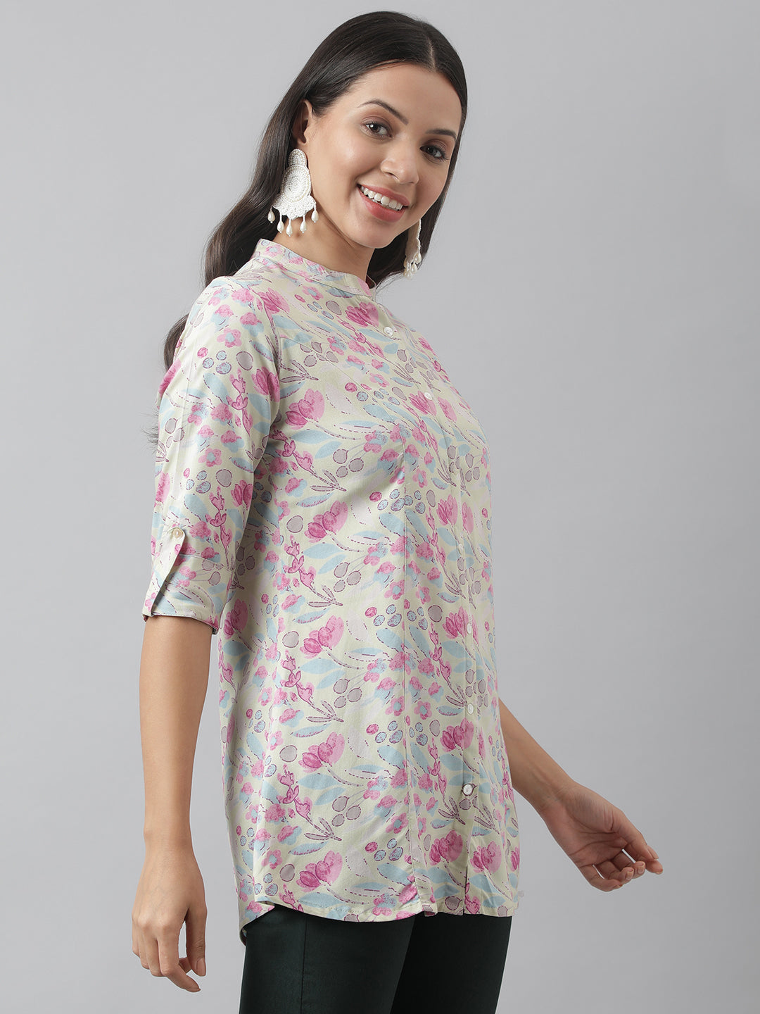 Divena Cream & Pink Floral Print Mandarin Collar Roll-Up Sleeves A-line Shirt Style Top