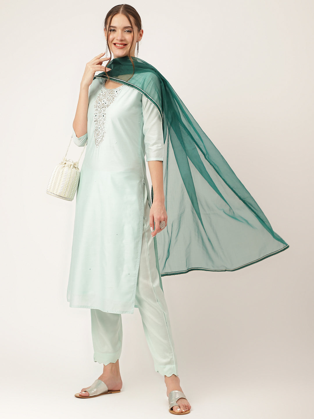 Sea Green Embroidered Chanderi Kurta, Trouser With Dupatta — view 1