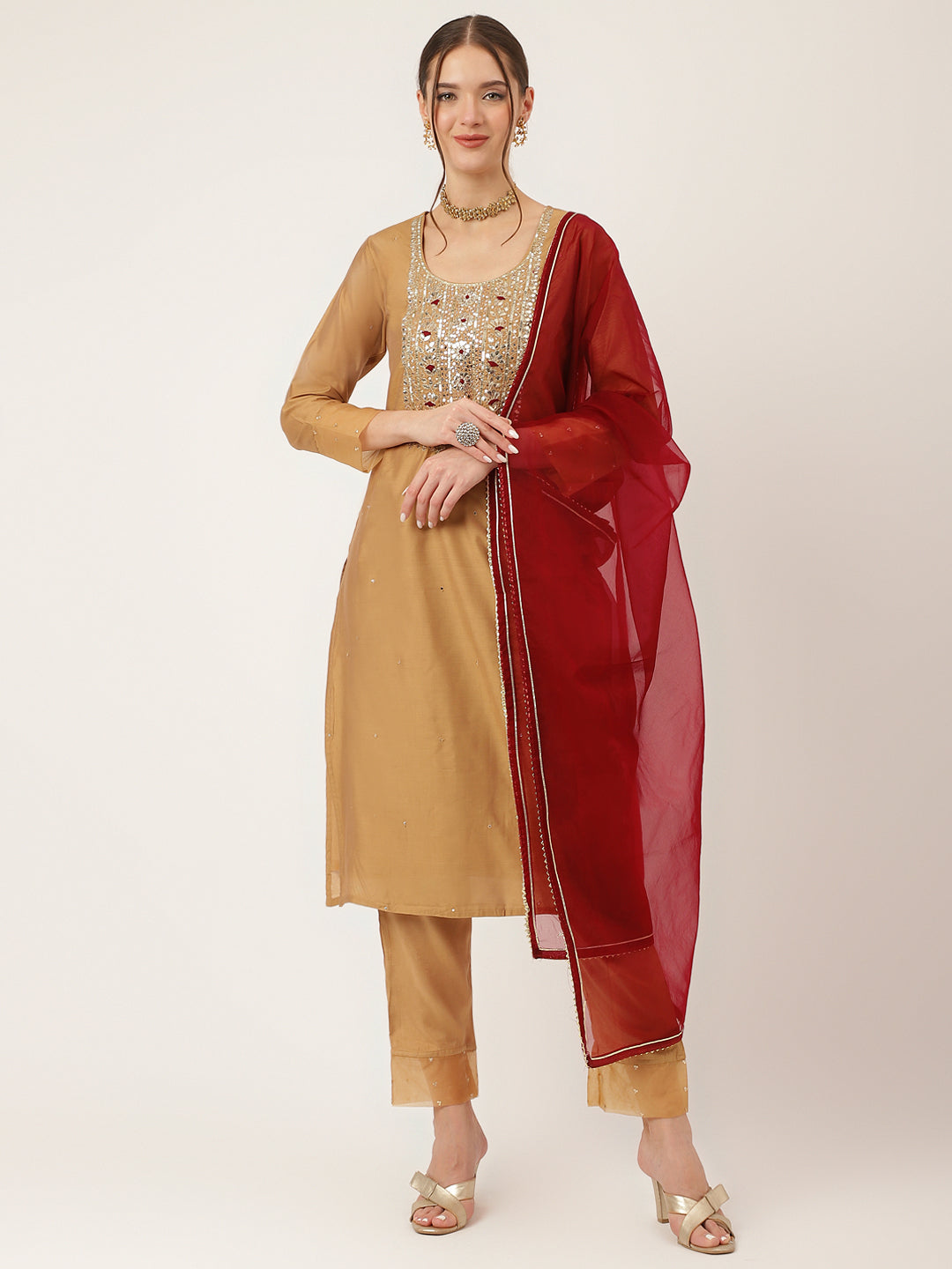 Brown Embroidered Chanderi Kurta, Trouser With Dupatta — view 1