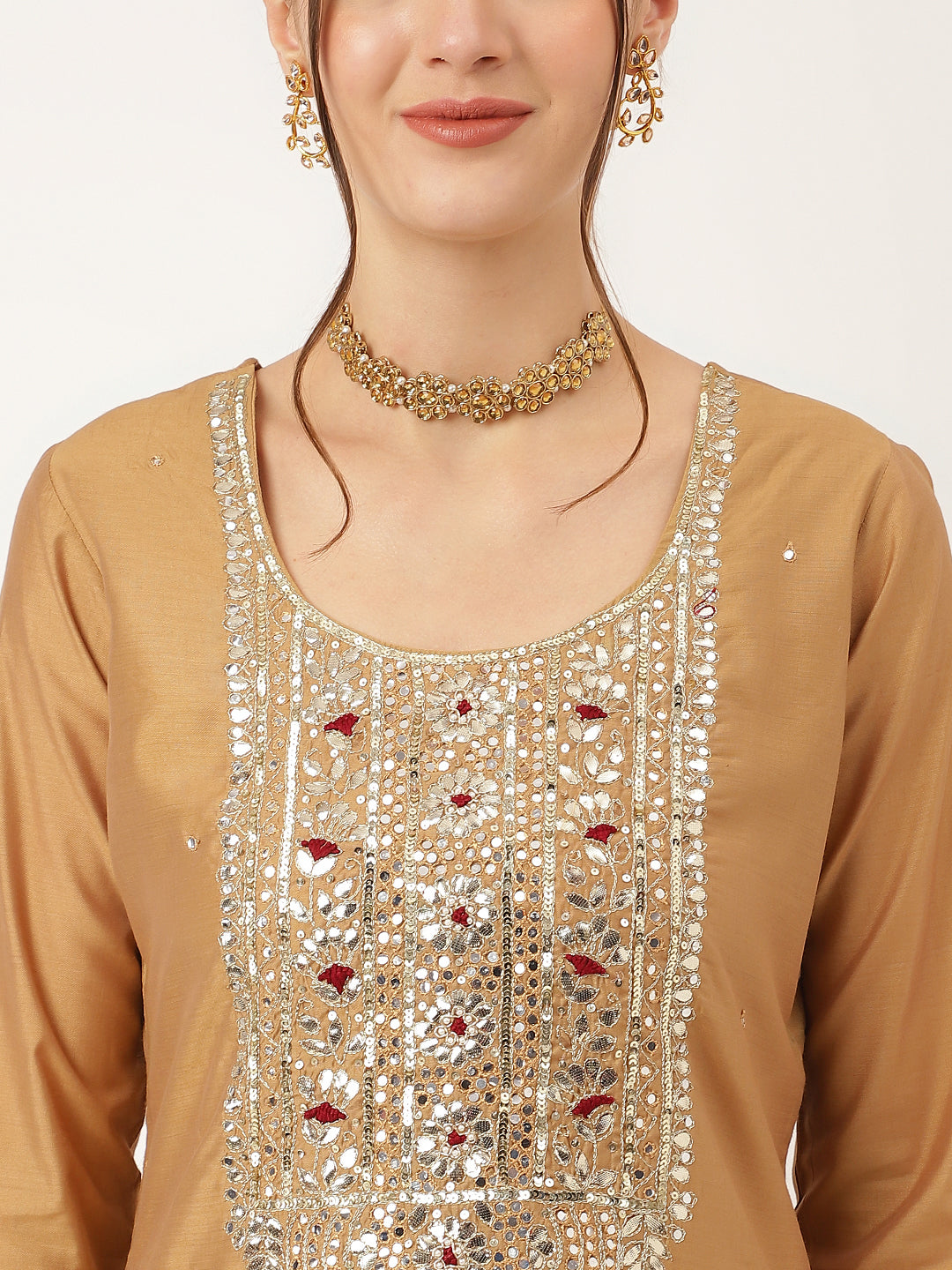 Divena Brown Embroidered Chanderi  Kurta, Trouser With Dupatta