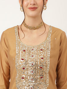 Divena Brown Embroidered Chanderi  Kurta, Trouser With Dupatta