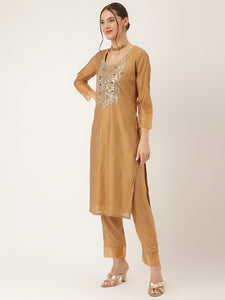 Divena Brown Embroidered Chanderi  Kurta, Trouser With Dupatta