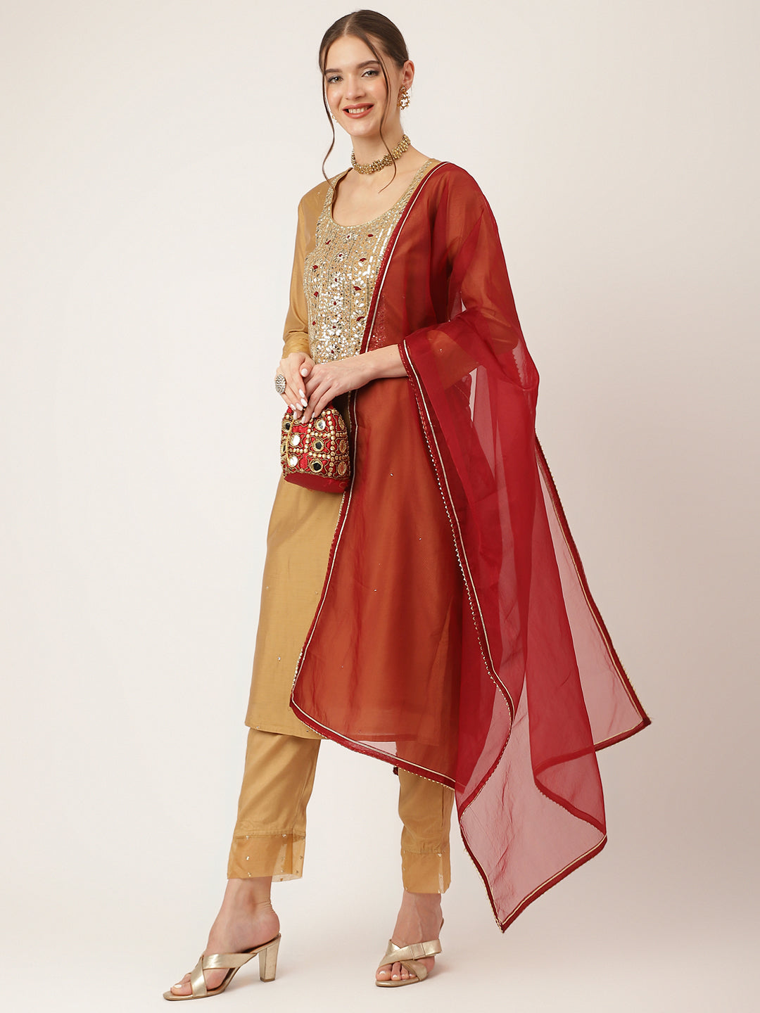 Divena Brown Embroidered Chanderi  Kurta, Trouser With Dupatta