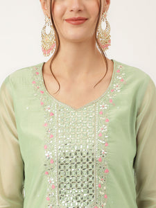 Divena Green Pink Embroidered  Chanderi  Kurta, Trouser With Dupatta