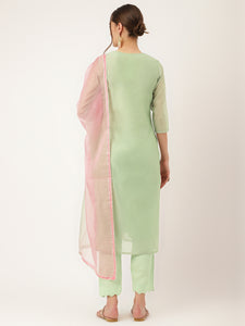 Divena Green Pink Embroidered  Chanderi  Kurta, Trouser With Dupatta