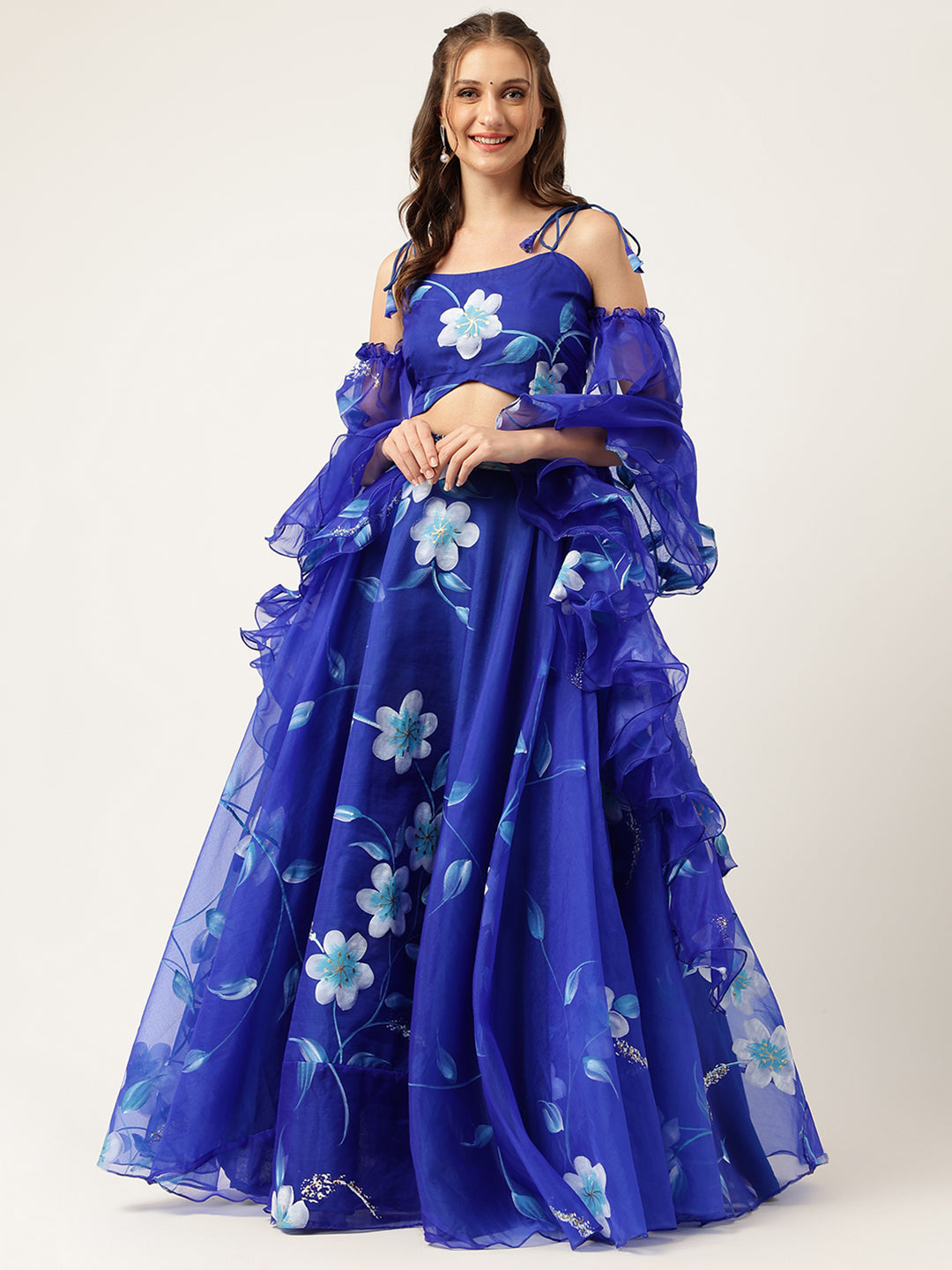 Blue Floral Hand Painted Lehenga & Blouse With Dupatta — view 1