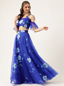 Blue Floral Hand Painted Lehenga & Blouse With Dupatta
