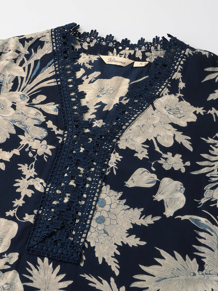 Divena Navy Blue Floral Print Cotton Kurta Trouser With Dupatta