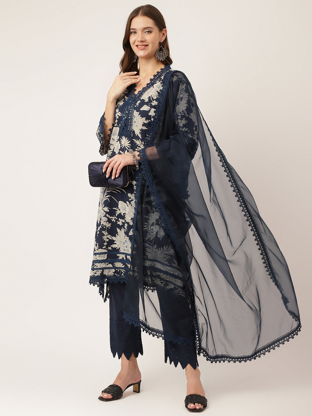 Navy Blue Floral Print Cotton Kurta Trouser With Dupatta — view 1