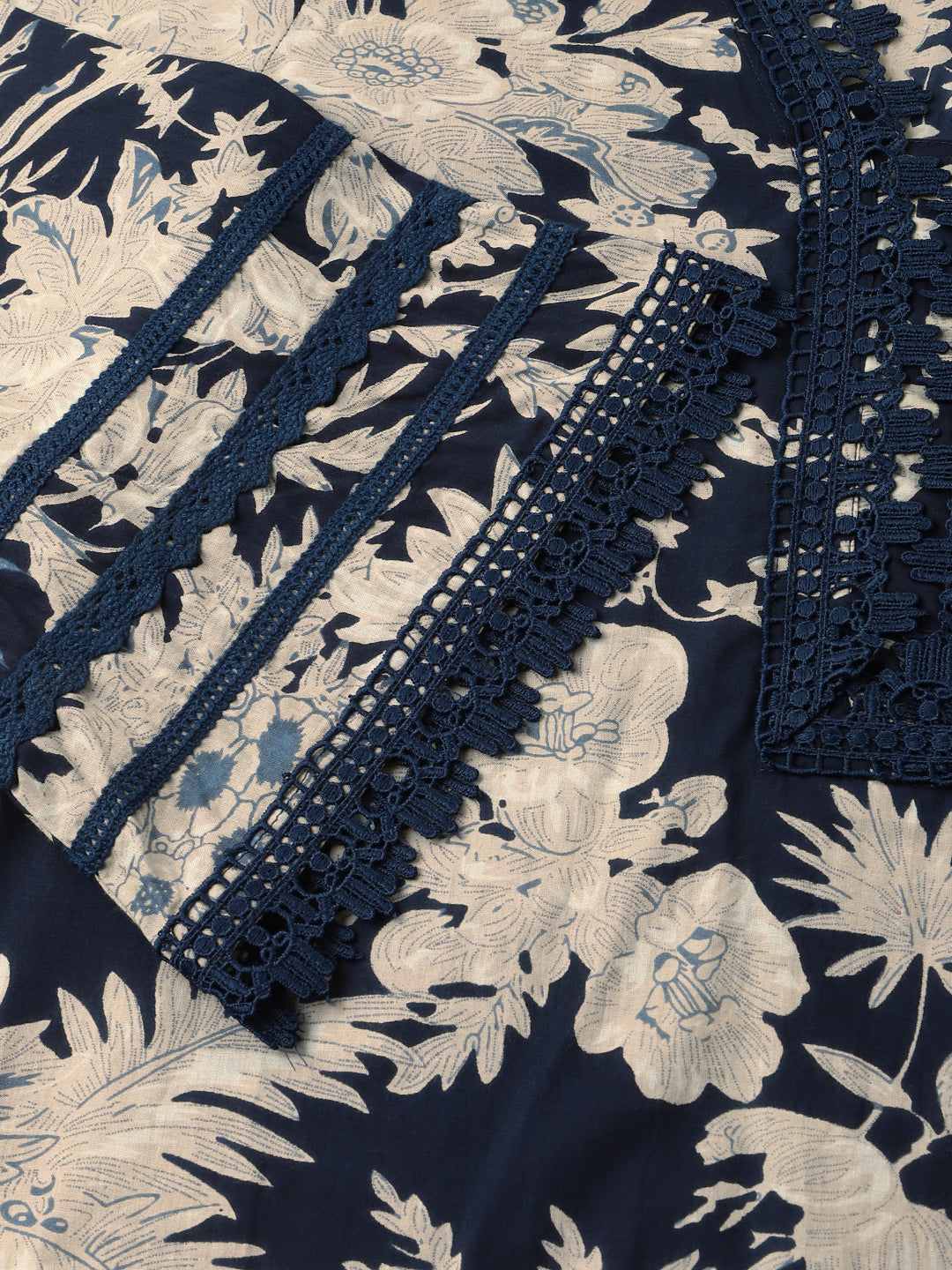 Divena Navy Blue Floral Print Cotton Kurta, Trouser With Dupatta