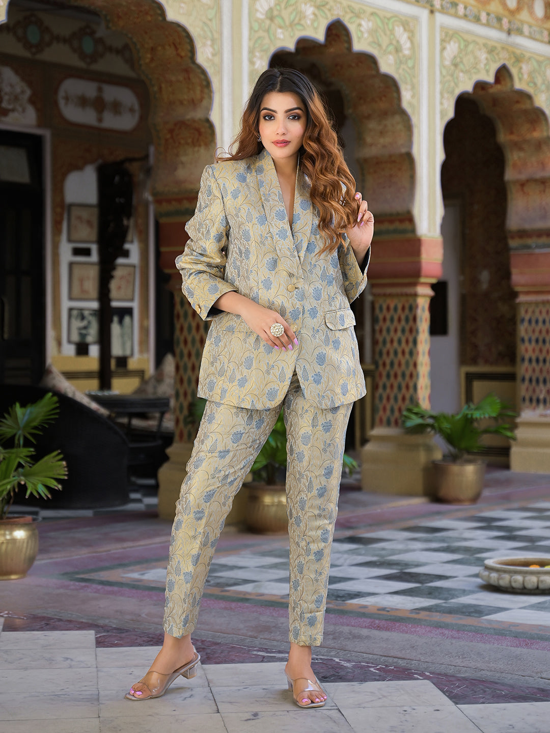 Divena Golden Brocade Printed Coat with Pant