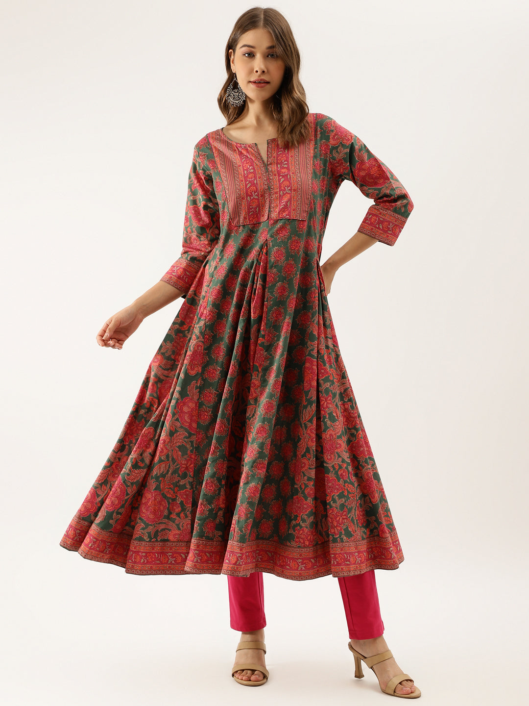 Green Floral Printed Flared Kurta Dress for Women — view 1