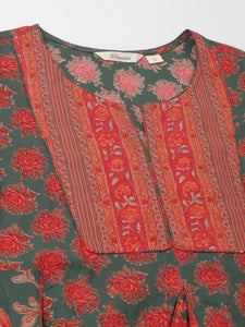 Divena Green Floral Printed Flared Kurta Dress for Women