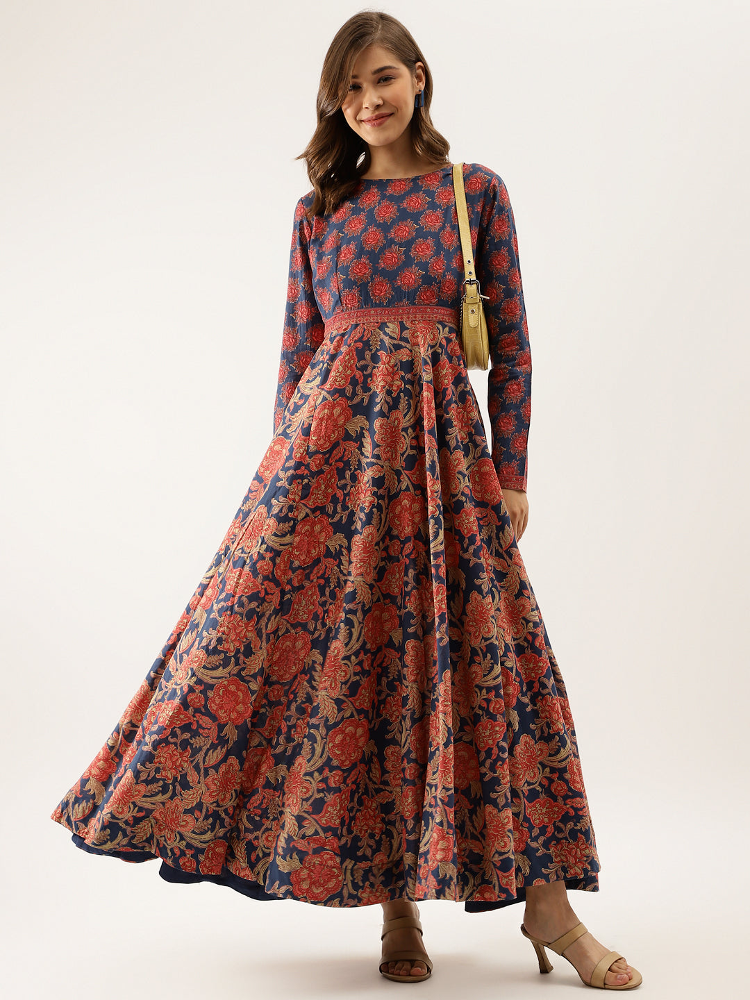 Blue Maroon Floral Printed Cotton Ethnic Long Kurta for Women — view 1