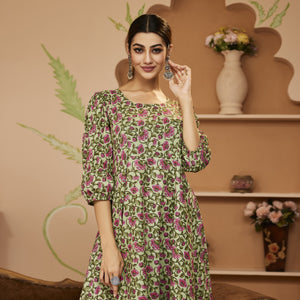 Divena HandBlock Floral Printed Green Anarkali Cotton Kurta With Trousers