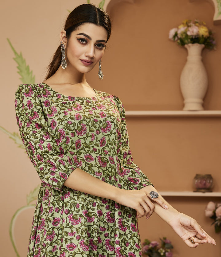 Divena HandBlock Floral Printed Green Anarkali Cotton Kurta With Trousers