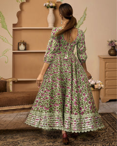 Divena HandBlock Floral Printed Green Anarkali Cotton Kurta With Trousers