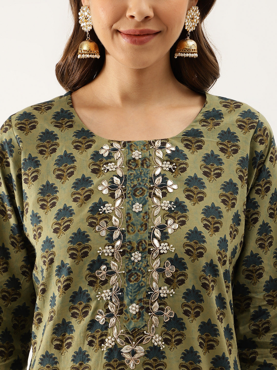 Divena Green Floral Print Cotton Embroidered Kurta set with Dupatta