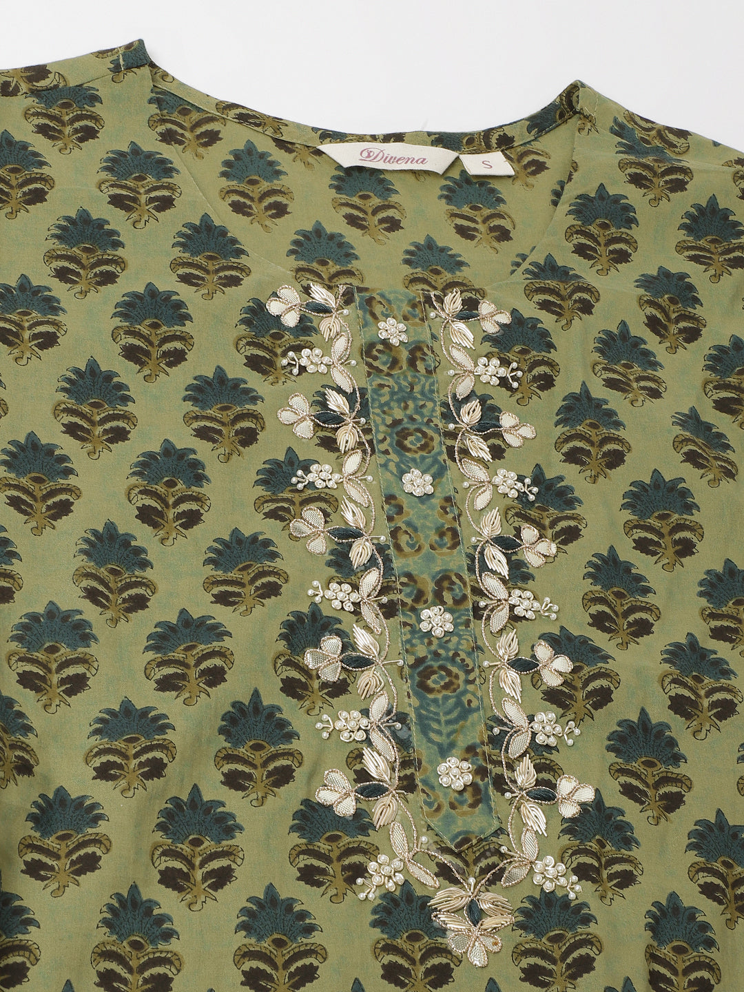 Divena Green Floral Print Cotton Embroidered Kurta set with Dupatta