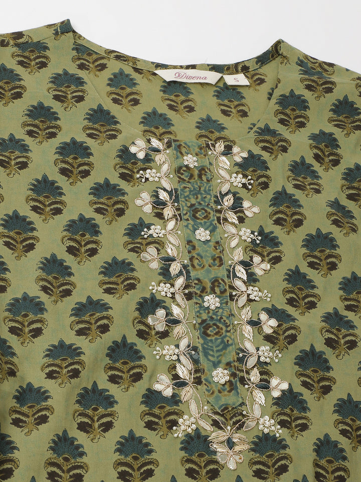 Divena Green Floral Print Cotton Embroidered Kurta set with Dupatta