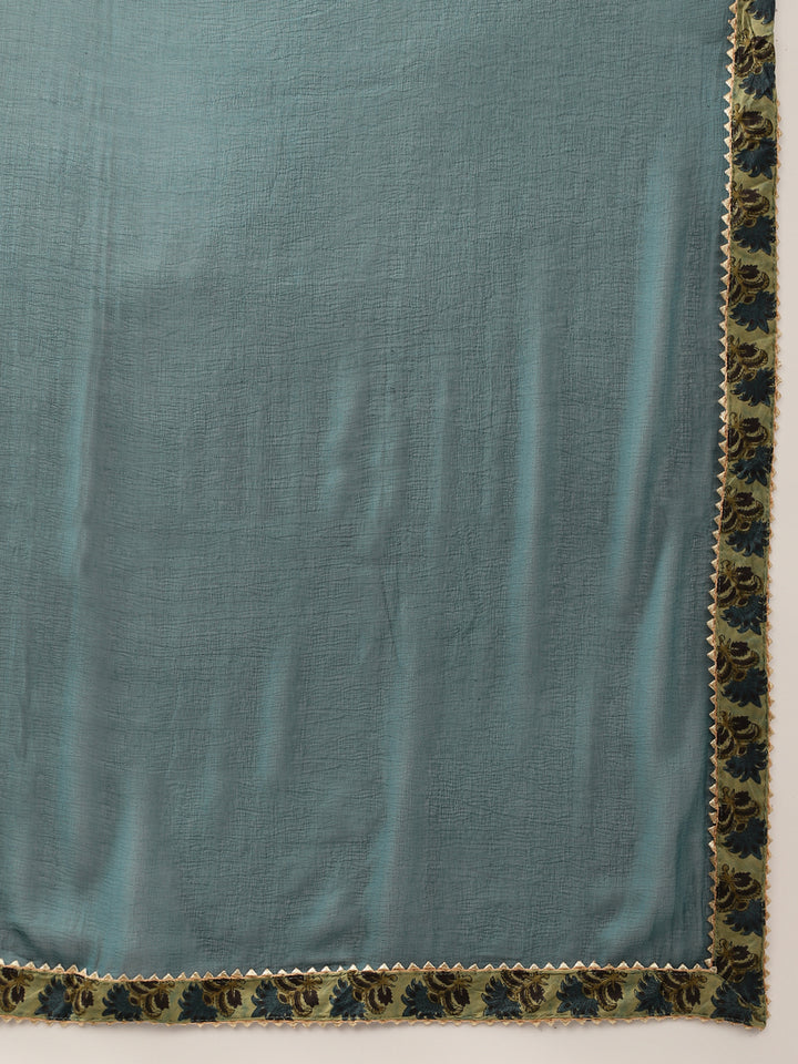 Divena Green Floral Print Cotton Embroidered Kurta set with Dupatta
